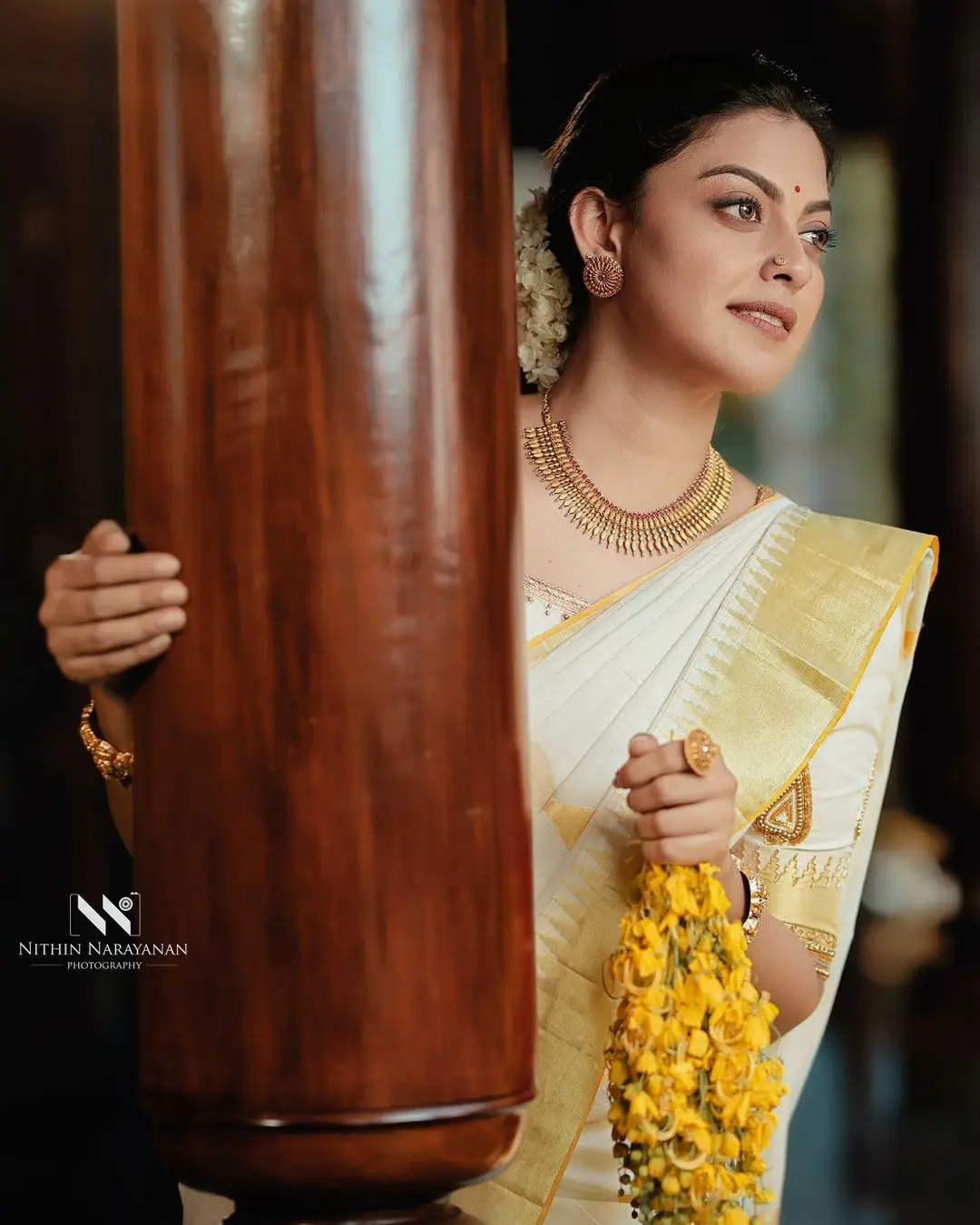 Anusree Nair In South Indian Traditional White Saree Blouse